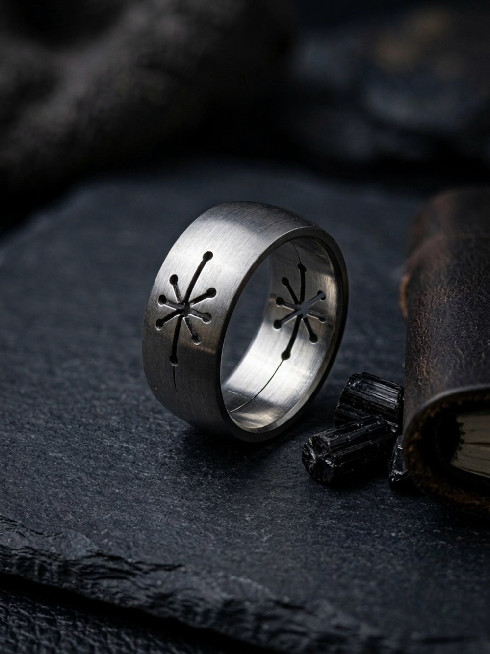 Stainless Steel Starburst Cutout Domed Band Ring Matte Silver 7 3/4